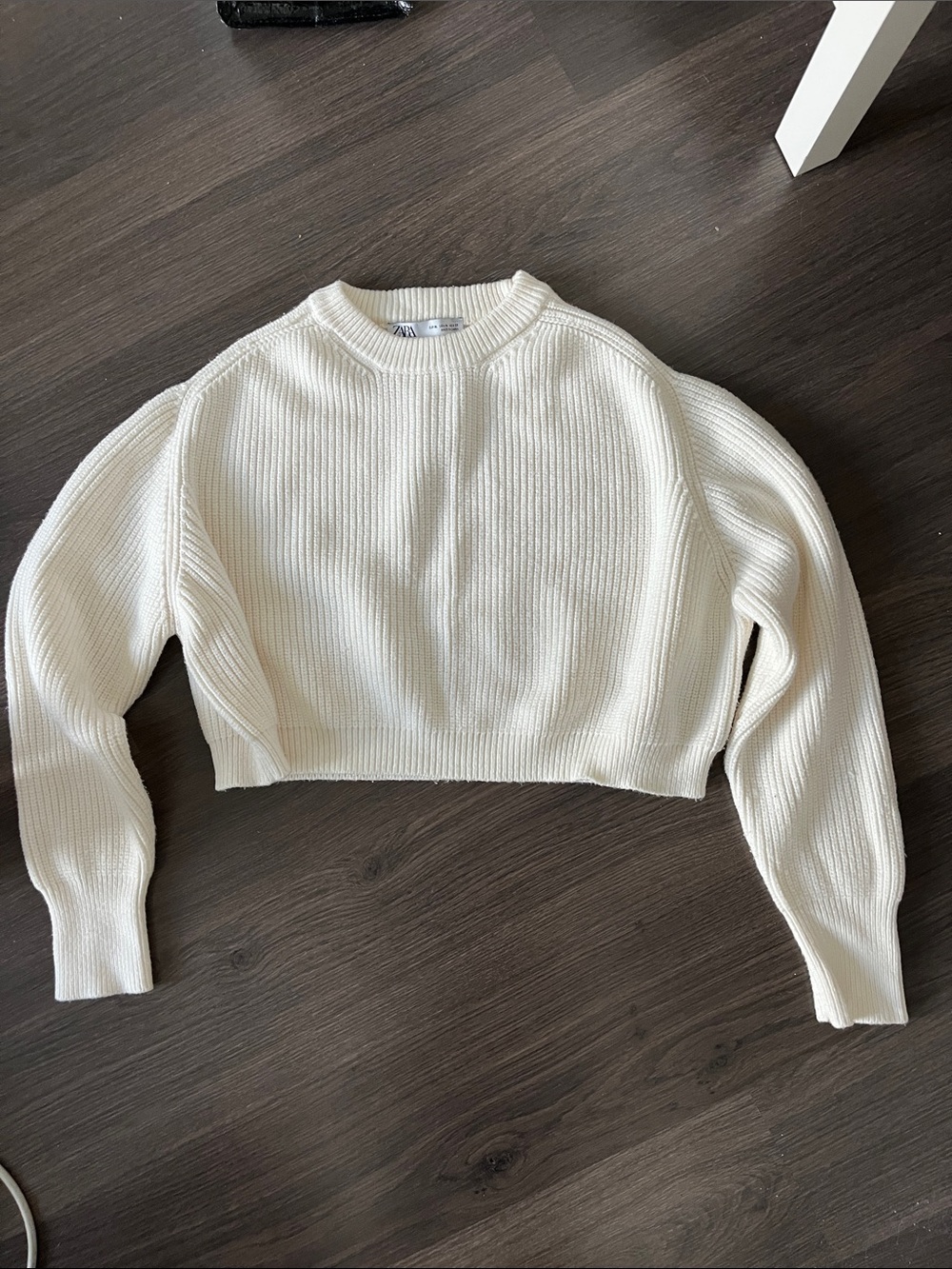 Zara Cream Ribbed Cropped Crewneck Sweater (super soft and thick)